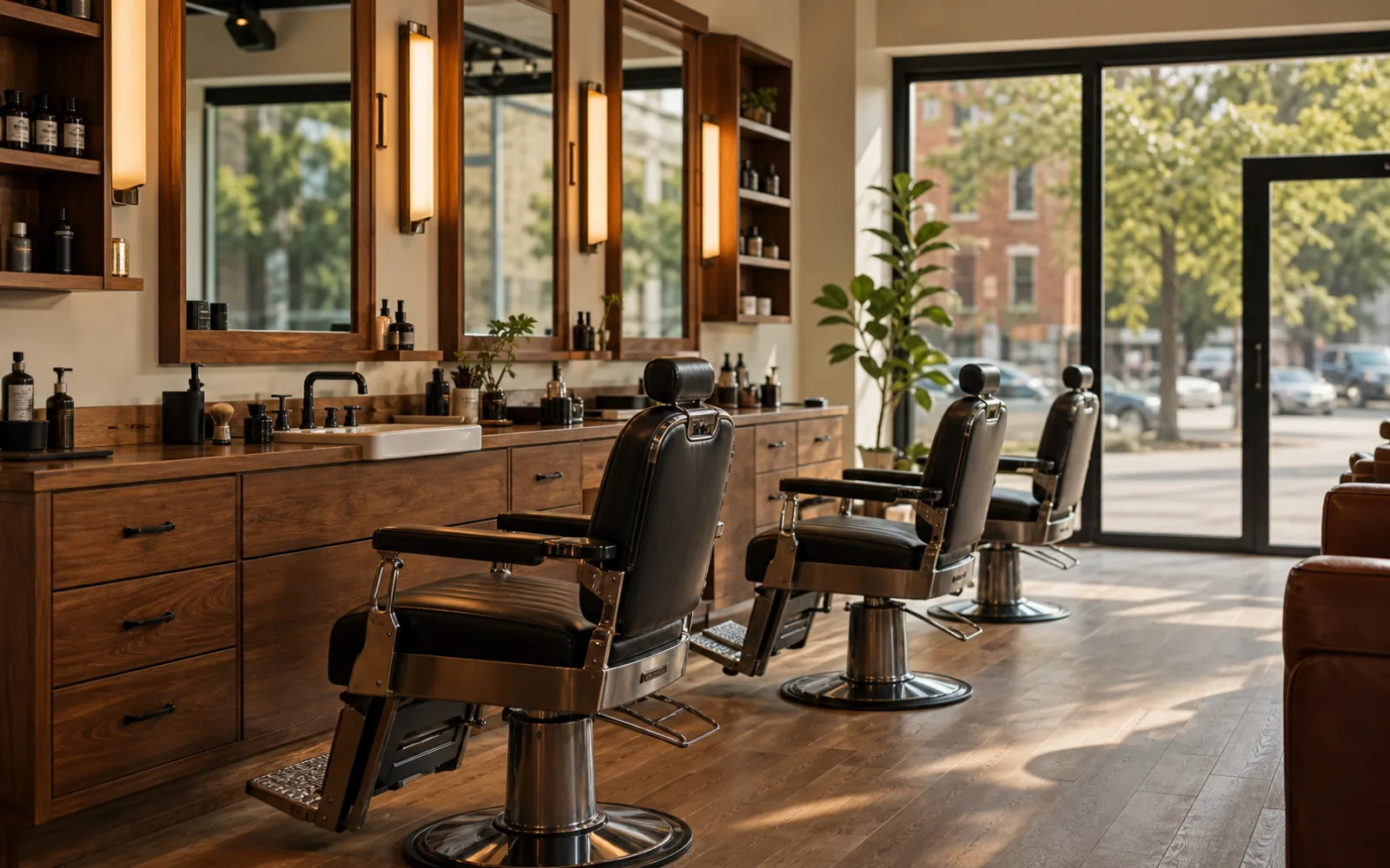 Warm barbershop front room with leather chairs