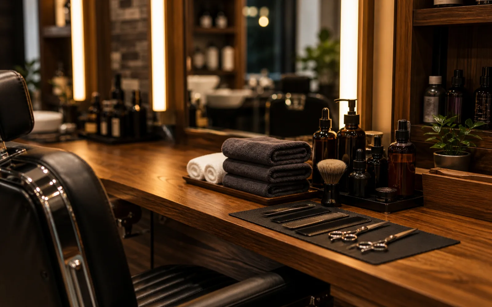 Clean barber scissors combs and clippers arranged neatly