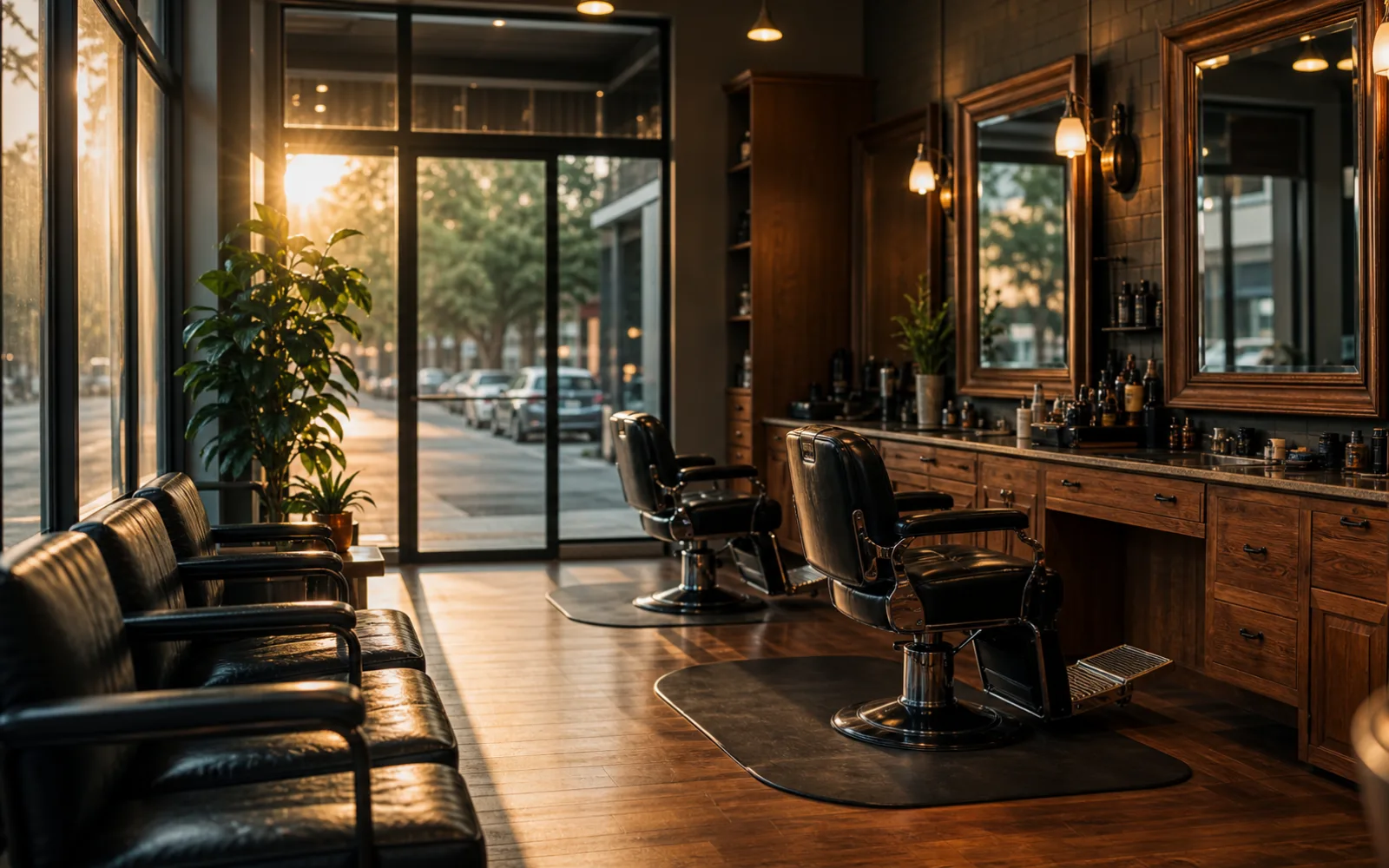 Barbershop mirror line with wood counter