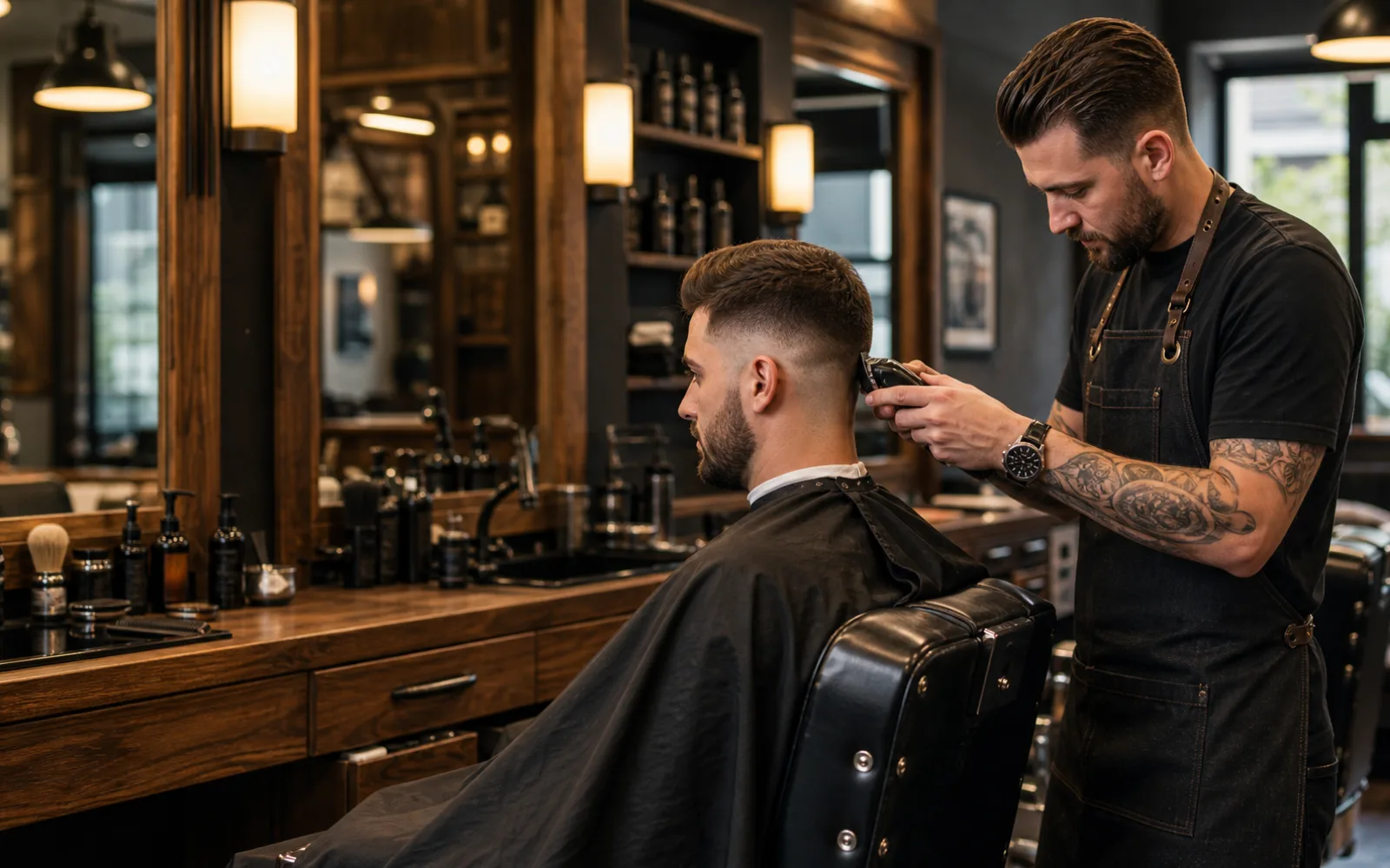 Barbershop wash station with towels and amber light