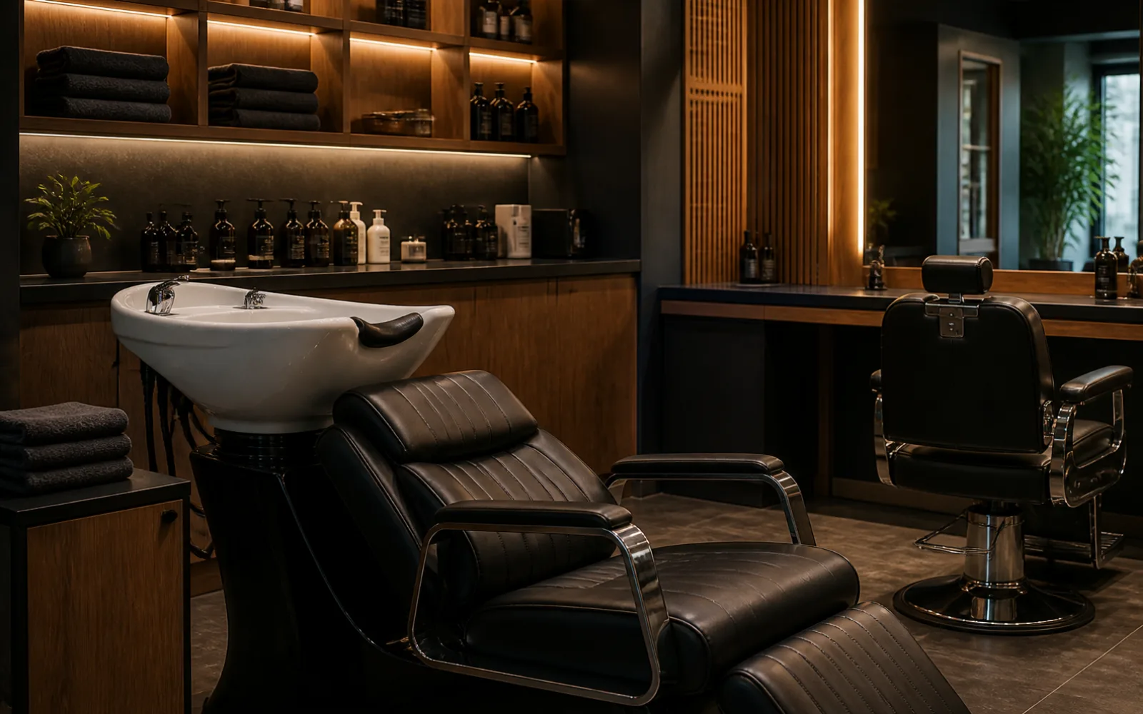 Barbershop waiting bench with magazines and wood wall