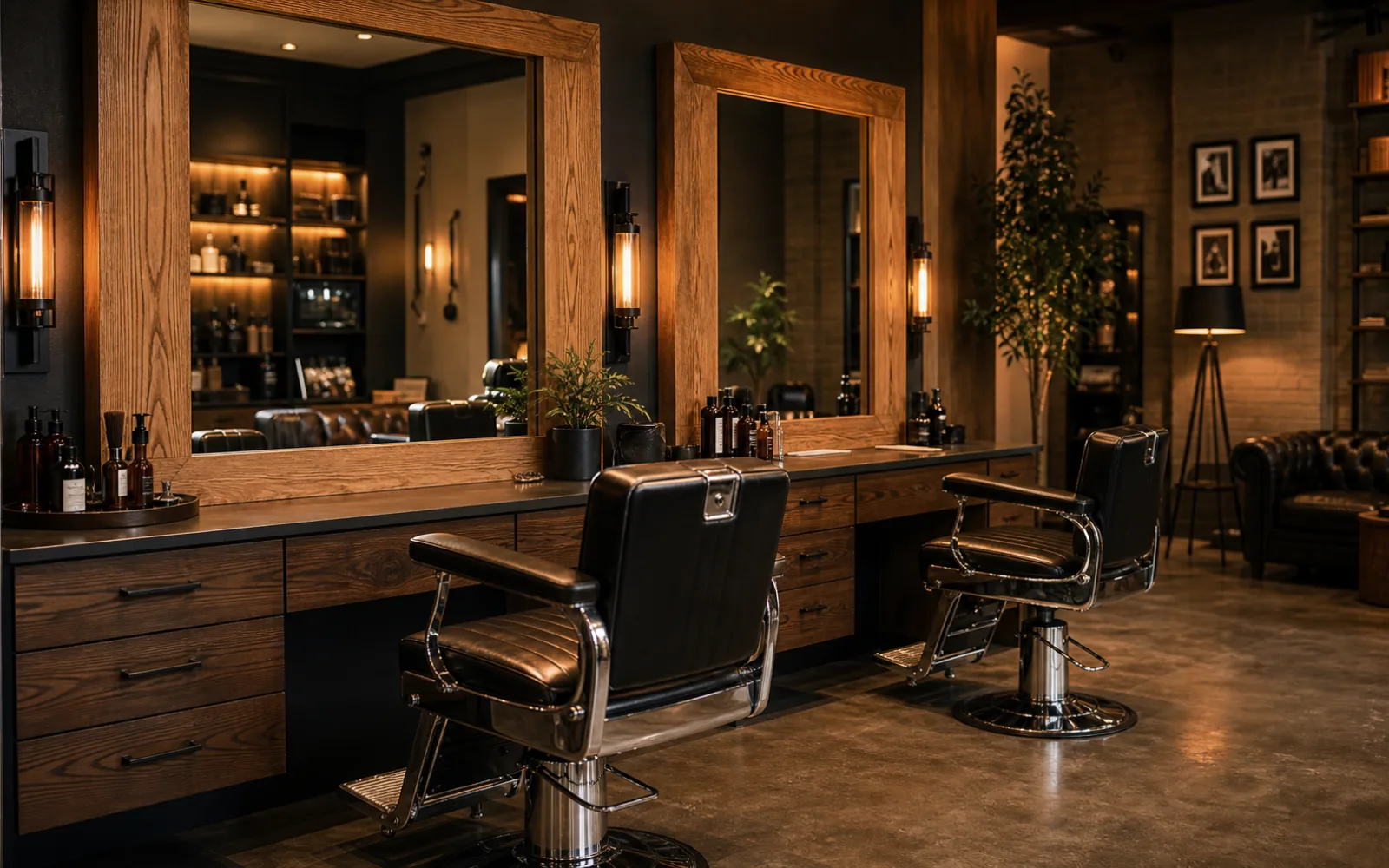 Evening barbershop interior with moody warm lighting