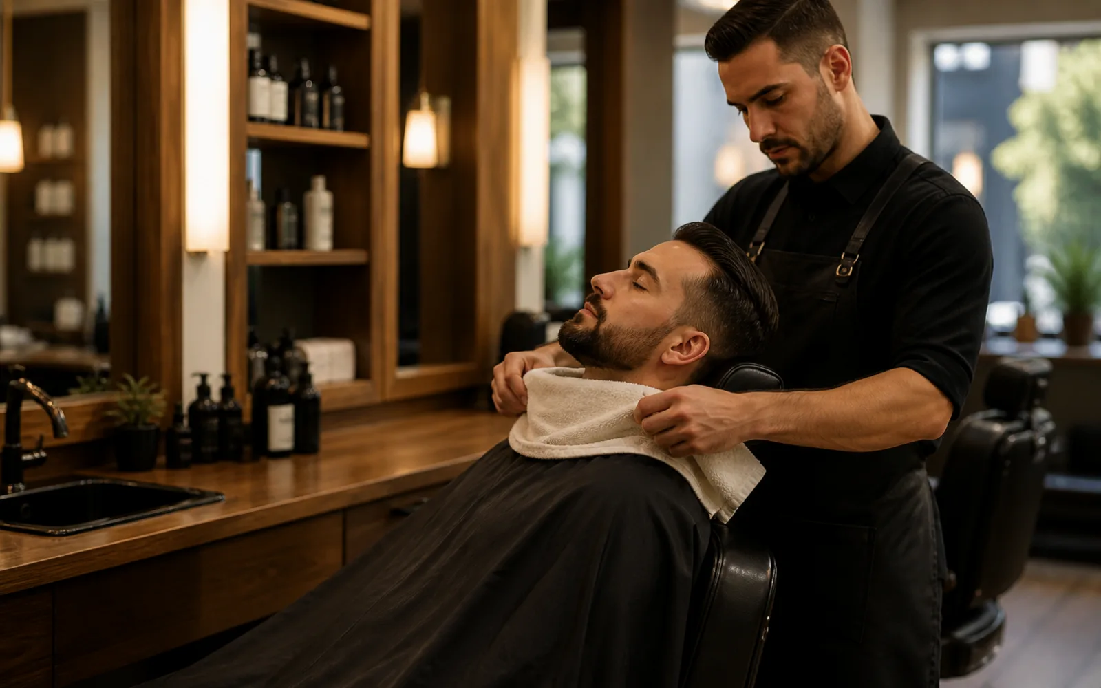 Beard shaping tools and warm towel setup